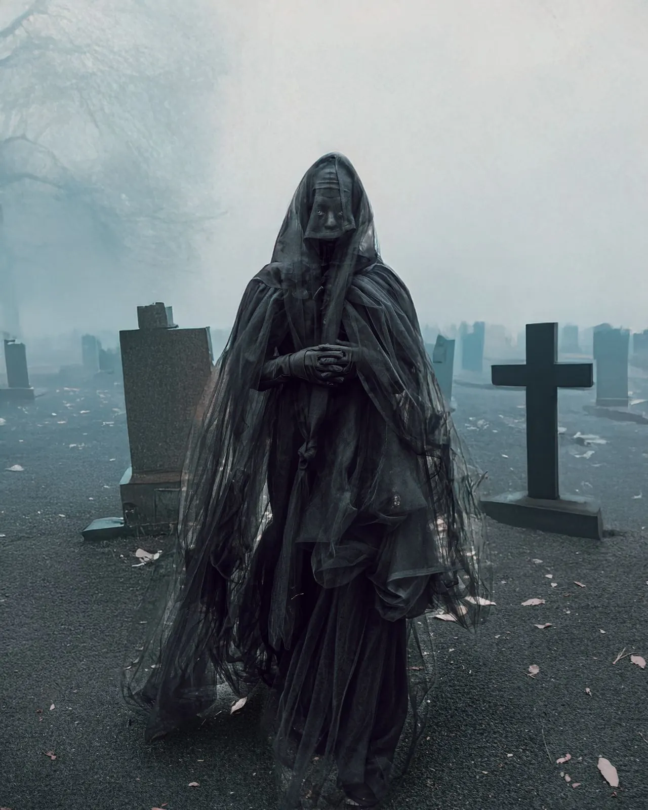 Figura velada entre las tumbas del cementerio